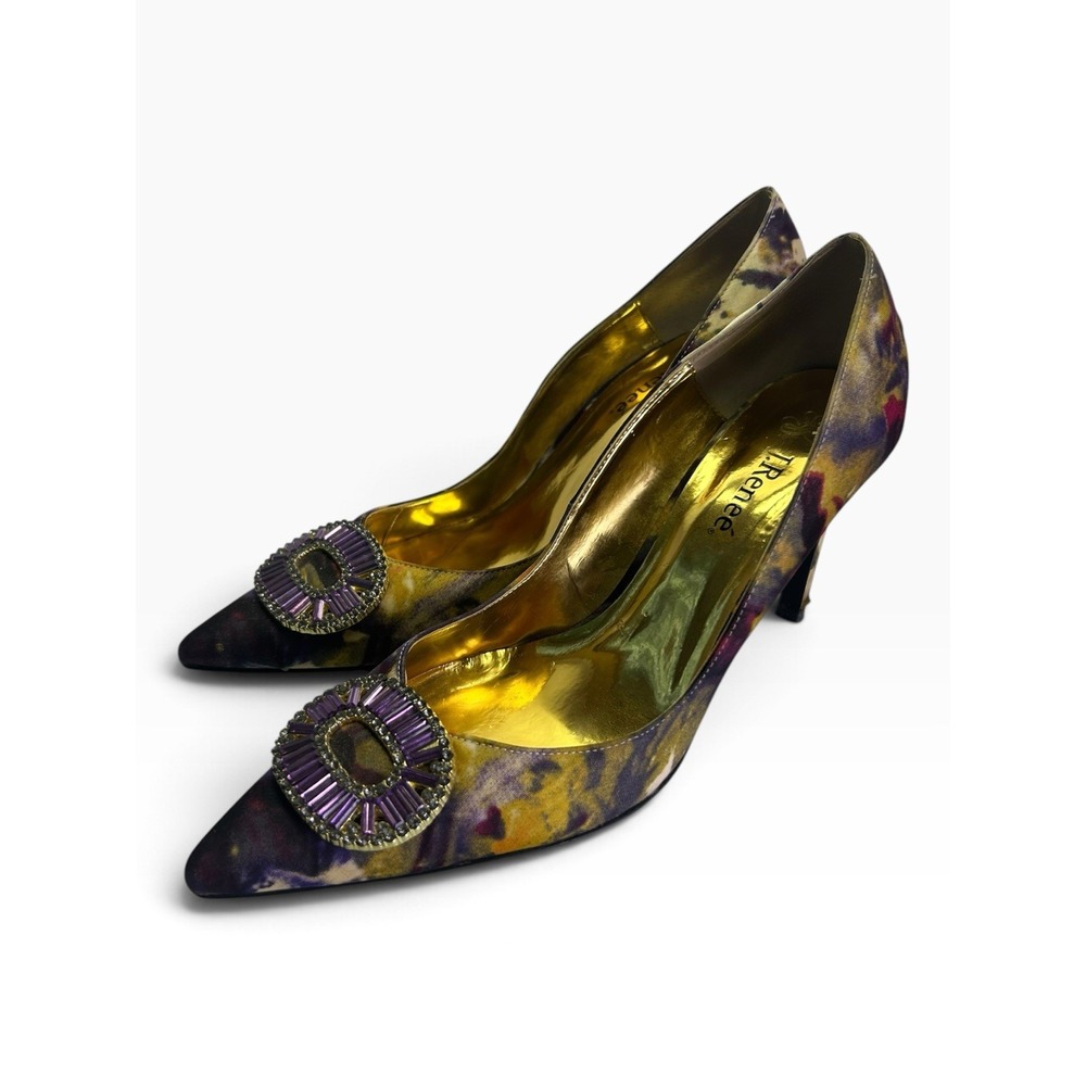 J. Renee Nalda Pointed Toe Stiletto Heels 9.5 Multicolor Floral Crystal Brooch